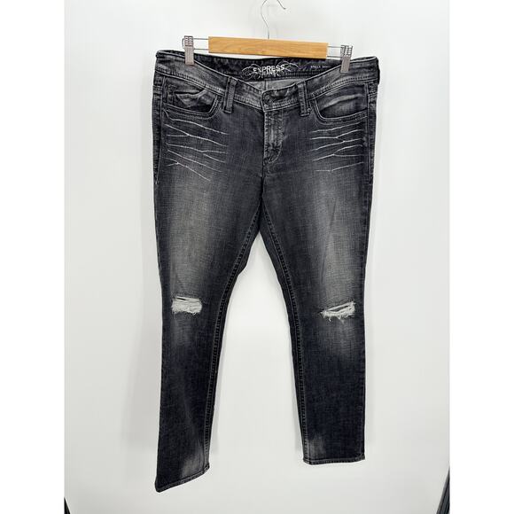 Express Black Wash Stella Skinny Denim Jeans Distressed Mid Rise Women Size 10 - Picture 1 of 10